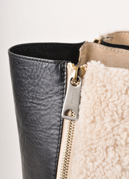 Black and Cream Leather and Shearling Gusset Cabas Tote Bag