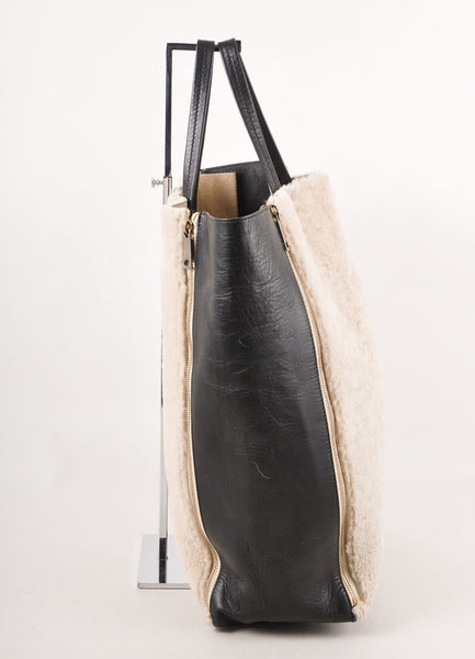 Black and Cream Leather and Shearling Gusset Cabas Tote Bag