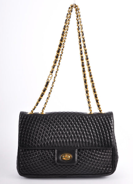 Black Leather Quilted Flap Turlock Chain Shoulder Bag