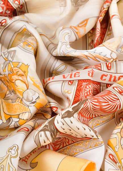 Yellow, Red, and Grey Silk Knights On Horses Print "La Vie a Cheval" Scarf