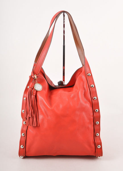 Red and Silver Studded Trim and Tortoiseshell Turnlock Large Leather Tote Bag