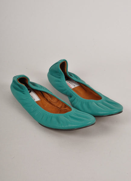 New In Box Teal Green Ruched Leather Ballet Flats