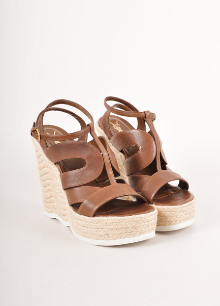 Brown Strappy Leather Platform Espadrille Wedges