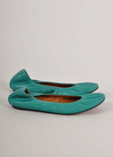 New In Box Teal Green Ruched Leather Ballet Flats