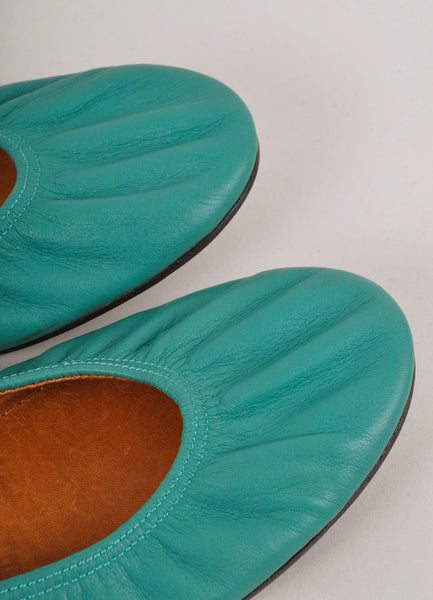 New In Box Teal Green Ruched Leather Ballet Flats