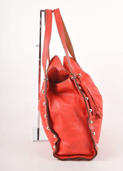 Red and Silver Studded Trim and Tortoiseshell Turnlock Large Leather Tote Bag