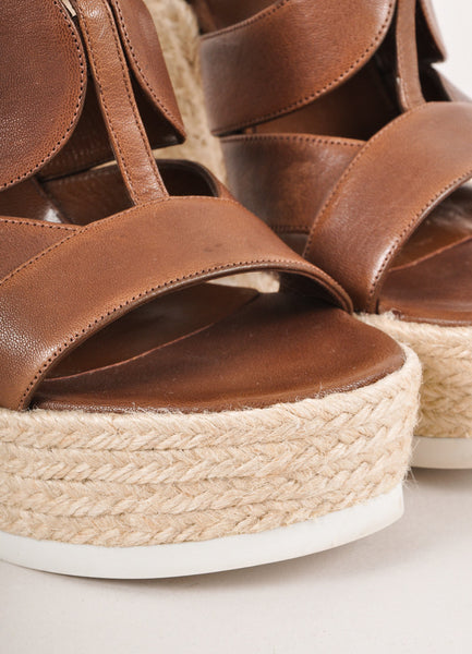 Brown Strappy Leather Platform Espadrille Wedges