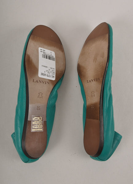 New In Box Teal Green Ruched Leather Ballet Flats