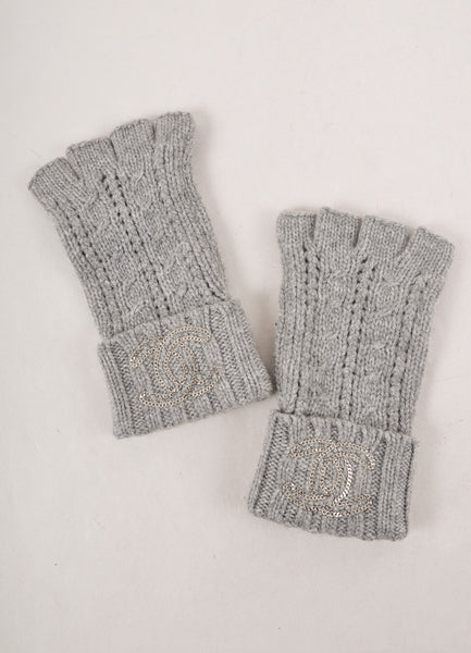 Grey Cashmere Knit Fingerless Chain Link "CC" Gloves