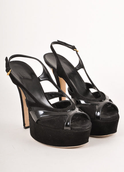 Black Suede and Patent Leather Strappy Platform Sandal Heels