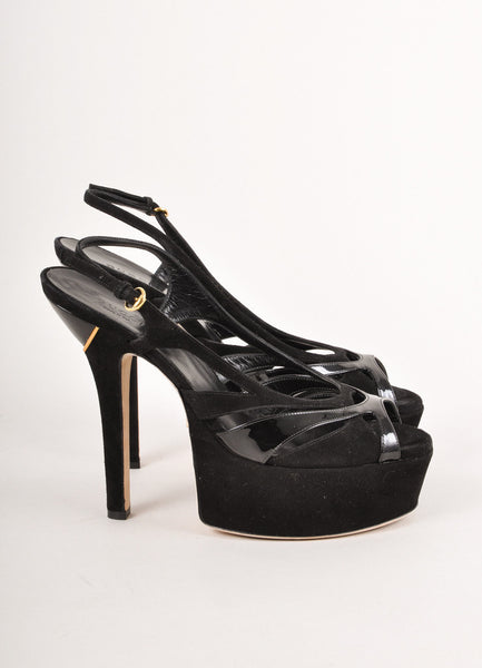 Black Suede and Patent Leather Strappy Platform Sandal Heels