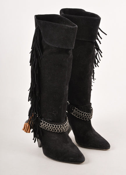 Black Suede Leather Chain and Flower Embellished "Dana" Boots