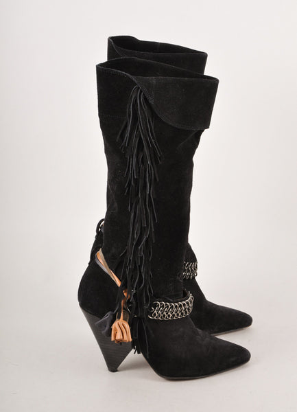 Black Suede Leather Chain and Flower Embellished "Dana" Boots