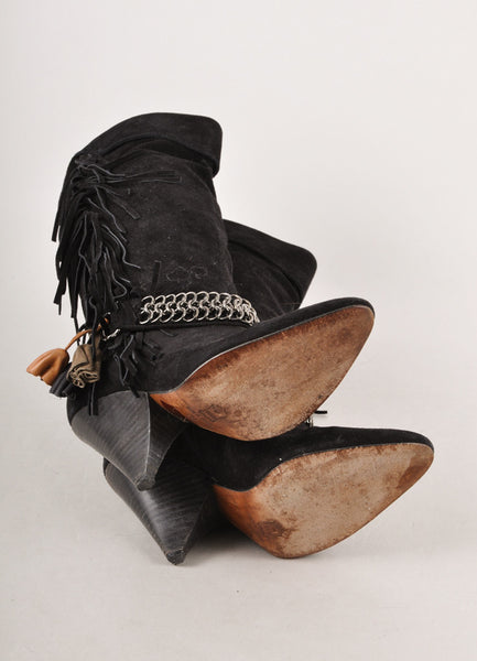 Black Suede Leather Chain and Flower Embellished "Dana" Boots