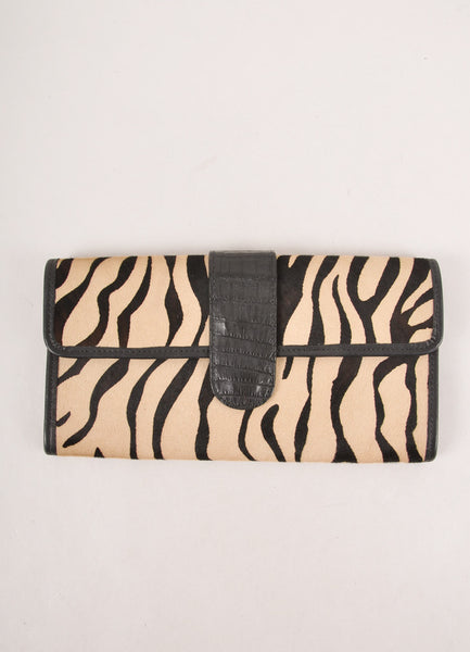 Beige and Black Zebra Stripe Ponyhair and Leather Long Clutch