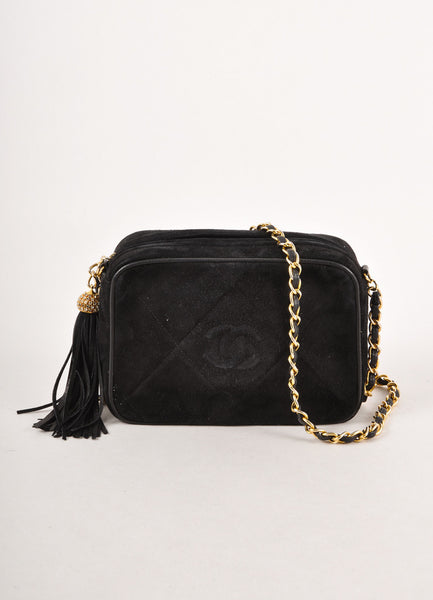 Black Quilted Suede "CC" Rhinestone Tassel Camera Bag