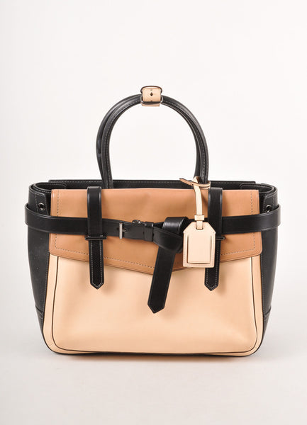 Black, Beige, and Brown Tricolor Structured "Boxer" Leather Satchel