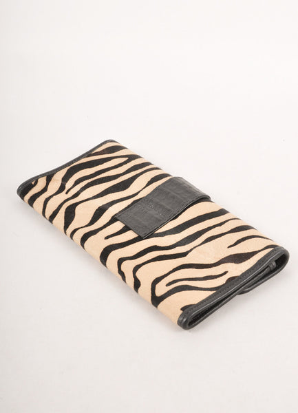 Beige and Black Zebra Stripe Ponyhair and Leather Long Clutch