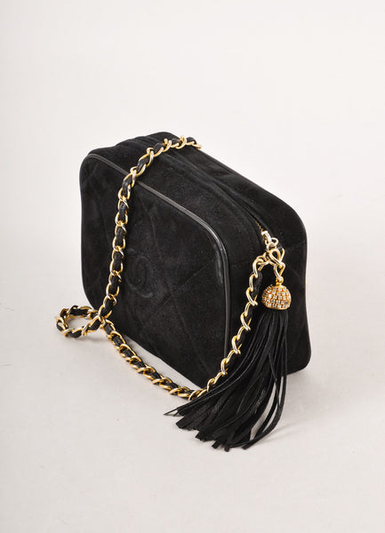 Black Quilted Suede "CC" Rhinestone Tassel Camera Bag