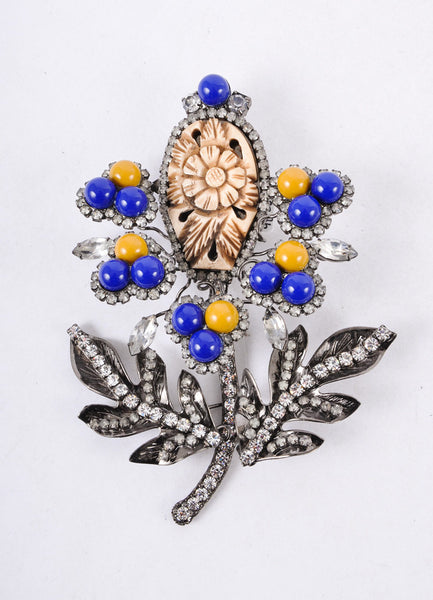 Blue, Mustard, and Silver Embellished Flower Pin