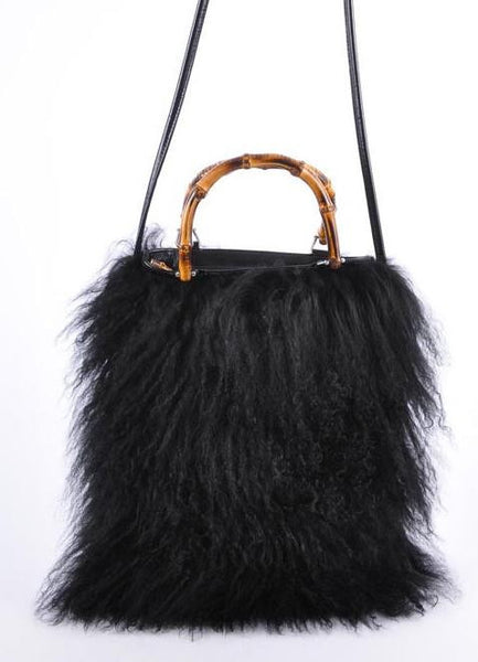 Black Mongolian Lamb Fur Tote Bag With Bamboo Handles