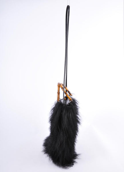 Black Mongolian Lamb Fur Tote Bag With Bamboo Handles