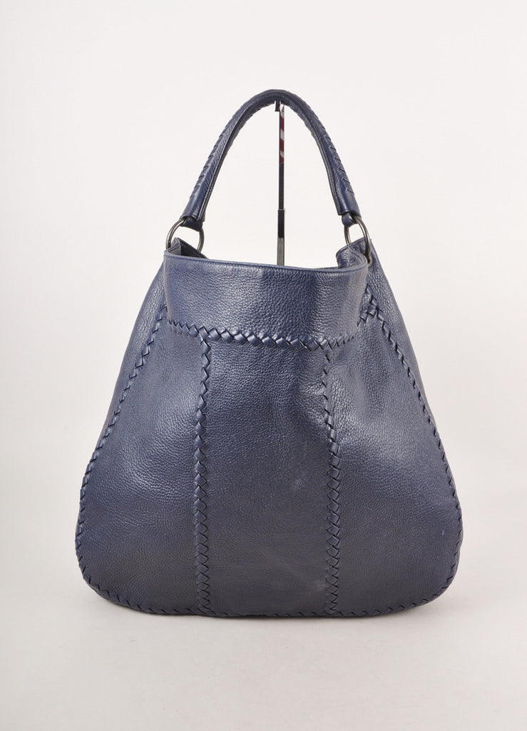 Navy Woven Leather Trim "Ottone" Hobo Shoulder Bag