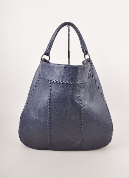 Navy Woven Leather Trim "Ottone" Hobo Shoulder Bag