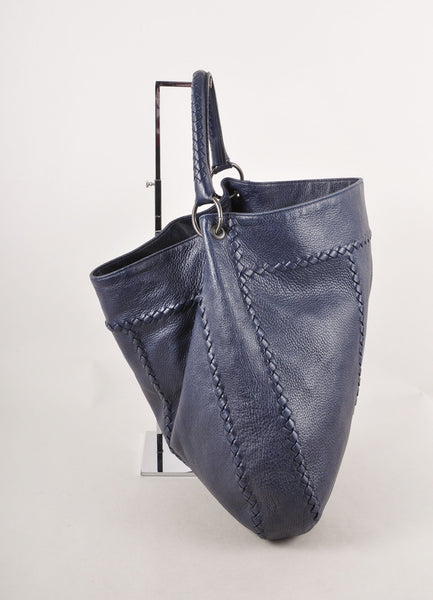 Navy Woven Leather Trim "Ottone" Hobo Shoulder Bag