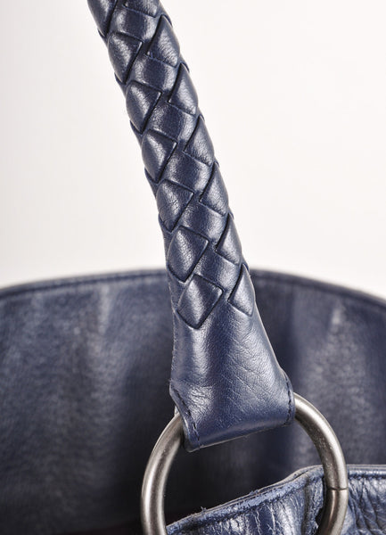 Navy Woven Leather Trim "Ottone" Hobo Shoulder Bag