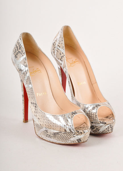 Silver Metallic and Grey Snakeskin Platform Peep Toe Pumps