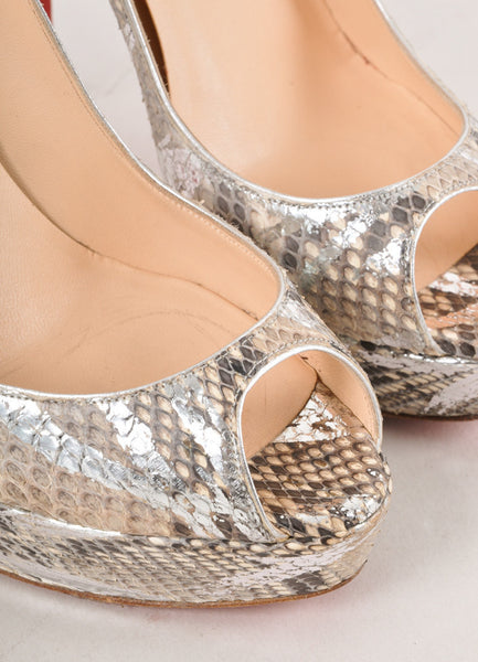 Silver Metallic and Grey Snakeskin Platform Peep Toe Pumps