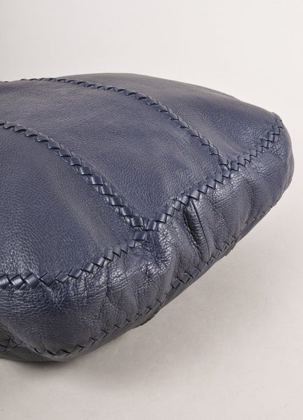 Navy Woven Leather Trim "Ottone" Hobo Shoulder Bag