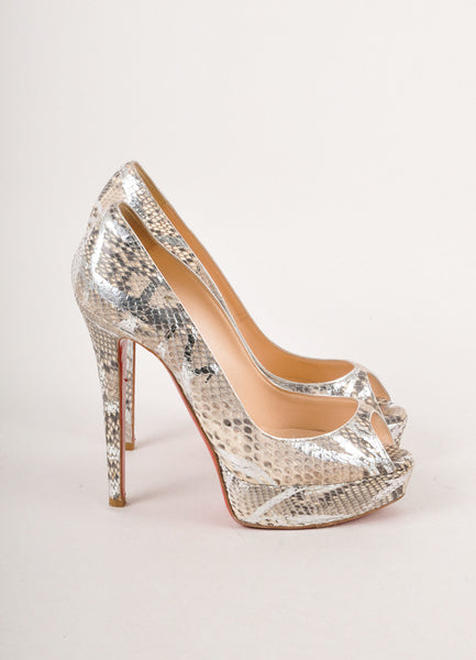 Silver Metallic and Grey Snakeskin Platform Peep Toe Pumps