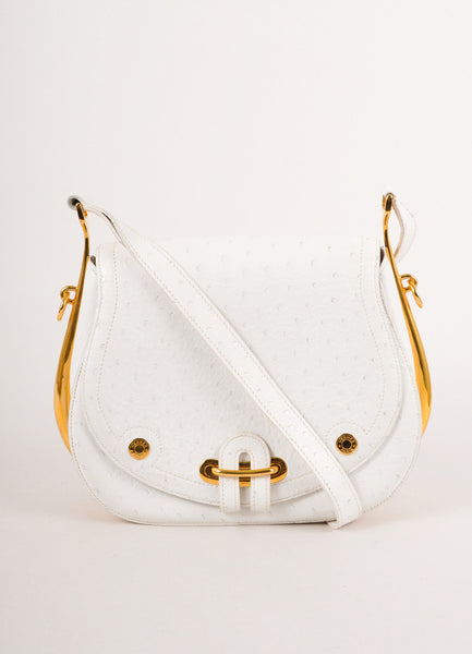 White and Gold Toned Hardware Detail Ostrich Leather Passe-Guide Handbag