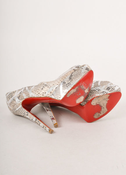 Silver Metallic and Grey Snakeskin Platform Peep Toe Pumps