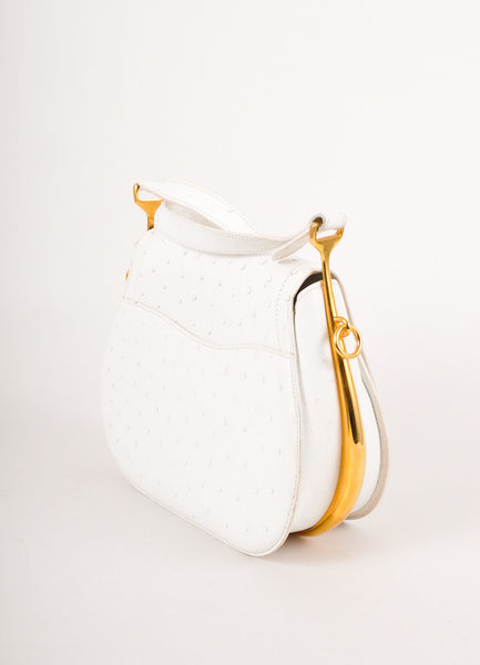 White and Gold Toned Hardware Detail Ostrich Leather Passe-Guide Handbag