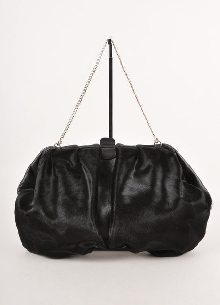 Black Gathered Ponyhair and Leather Convertible Clutch