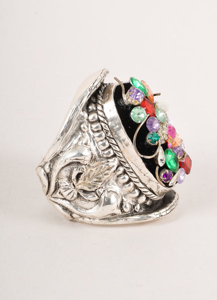 Silver and Multicolor Beaded Textured Cuff Bracelet