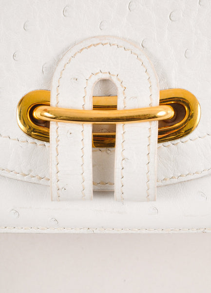 White and Gold Toned Hardware Detail Ostrich Leather Passe-Guide Handbag