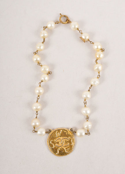 Pearl Style Chain Gold Toned "CC" Medallion Necklace