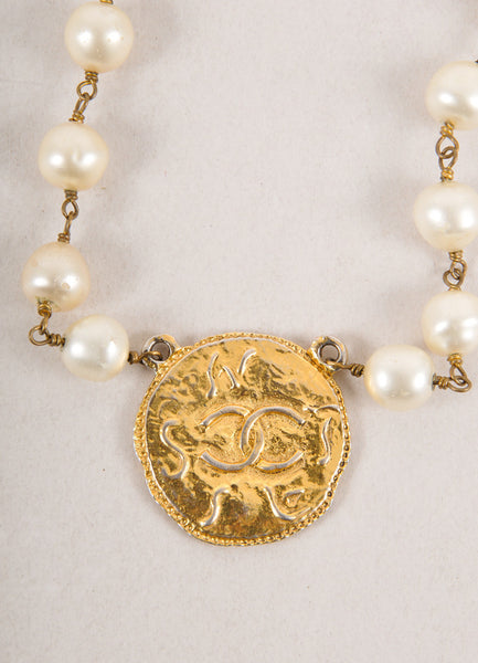 Pearl Style Chain Gold Toned "CC" Medallion Necklace