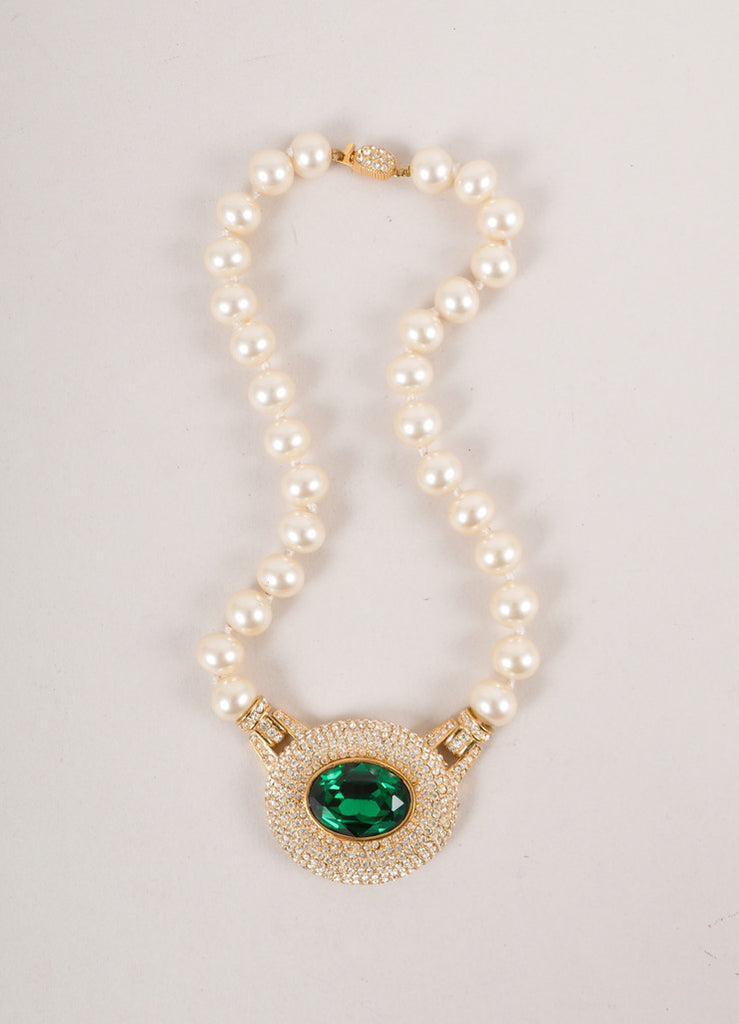 Faux Pearl and Rhinestone Embellished Green Stone Necklace
