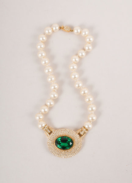 Faux Pearl and Rhinestone Embellished Green Stone Necklace