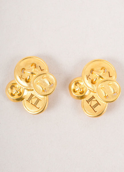 Gold Toned Button Cluster "KL" Earrings