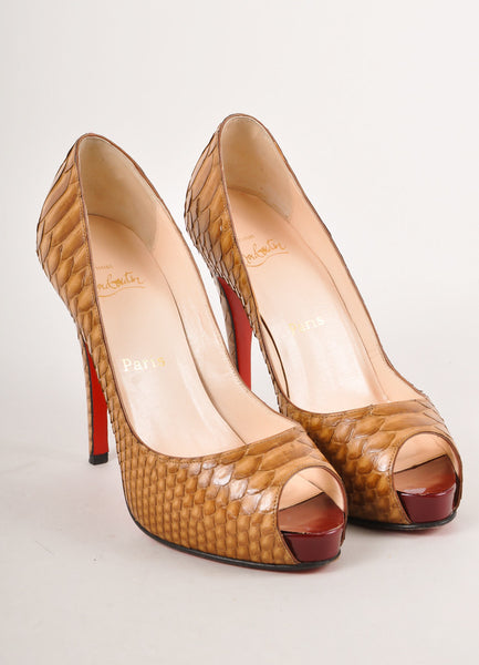 Tan Snakeskin Peep Toe Pumps