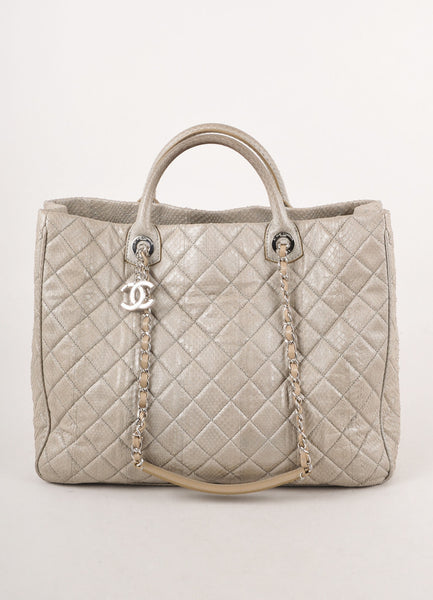 Grey Quilted Snakeskin Chain Strap Large Shopping Tote