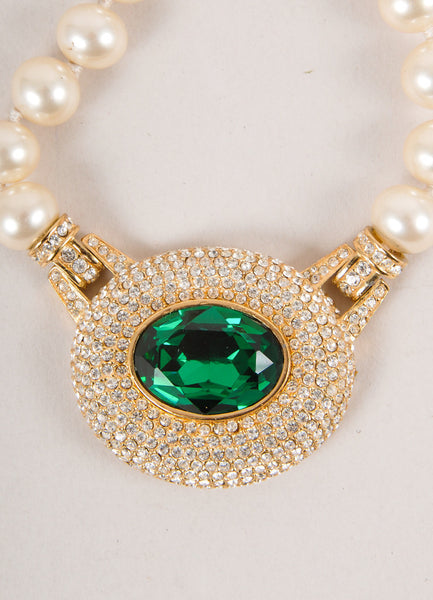 Faux Pearl and Rhinestone Embellished Green Stone Necklace