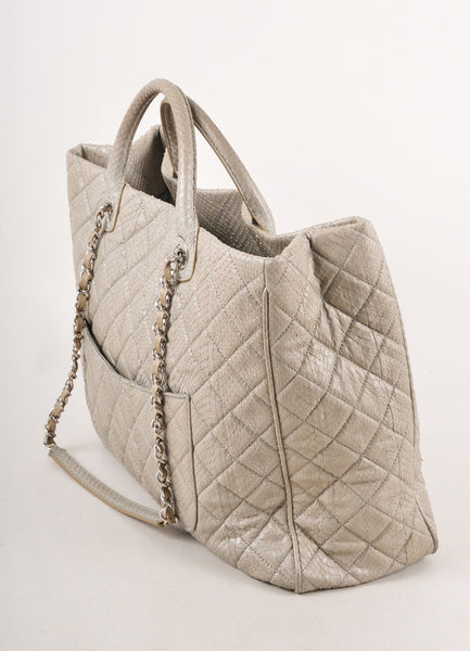 Grey Quilted Snakeskin Chain Strap Large Shopping Tote