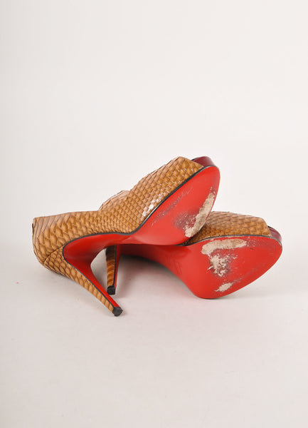 Tan Snakeskin Peep Toe Pumps